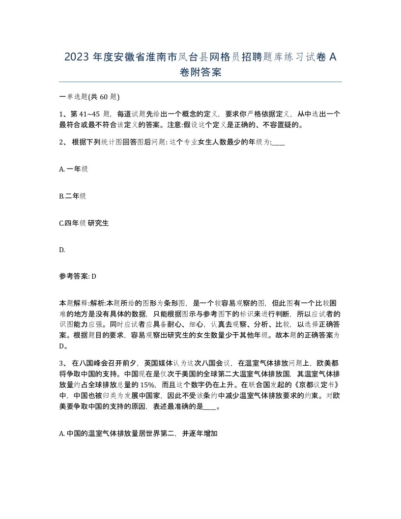 2023年度安徽省淮南市凤台县网格员招聘题库练习试卷A卷附答案