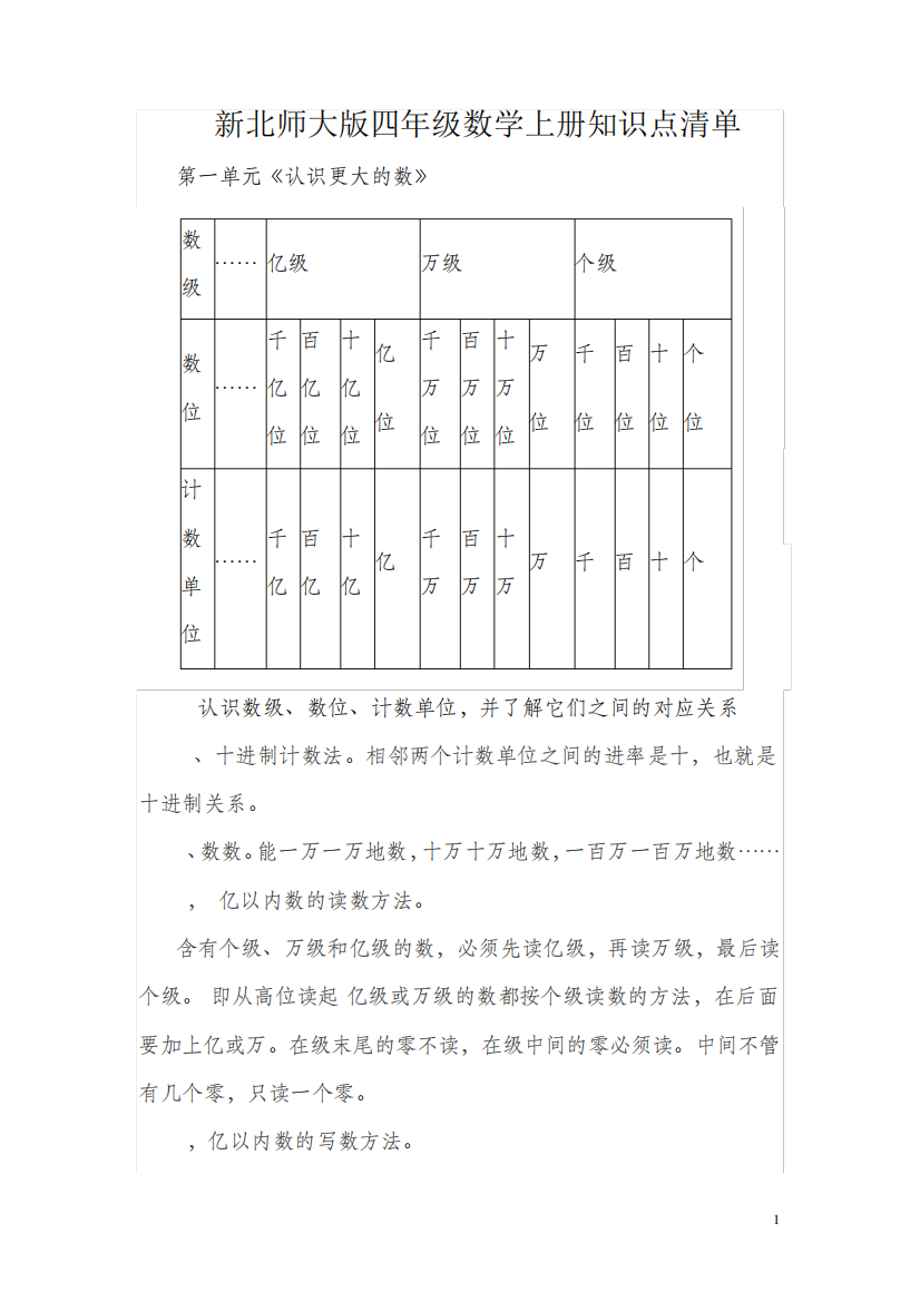 新北师大版四年级上册数学知识点清单(整理版)