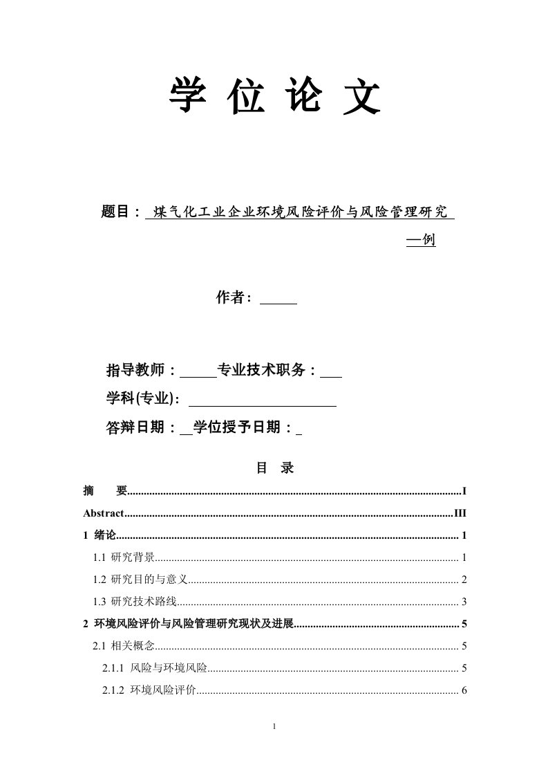 煤气化工业企业环境风险评价与风险管理研究