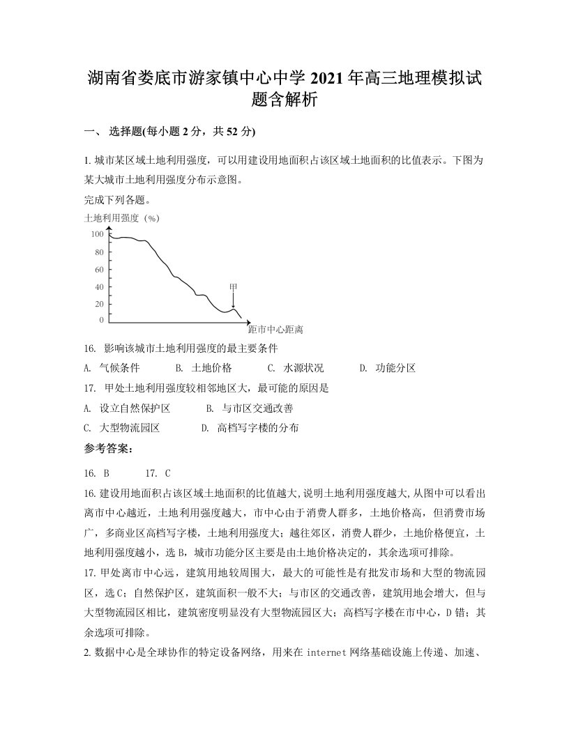 湖南省娄底市游家镇中心中学2021年高三地理模拟试题含解析