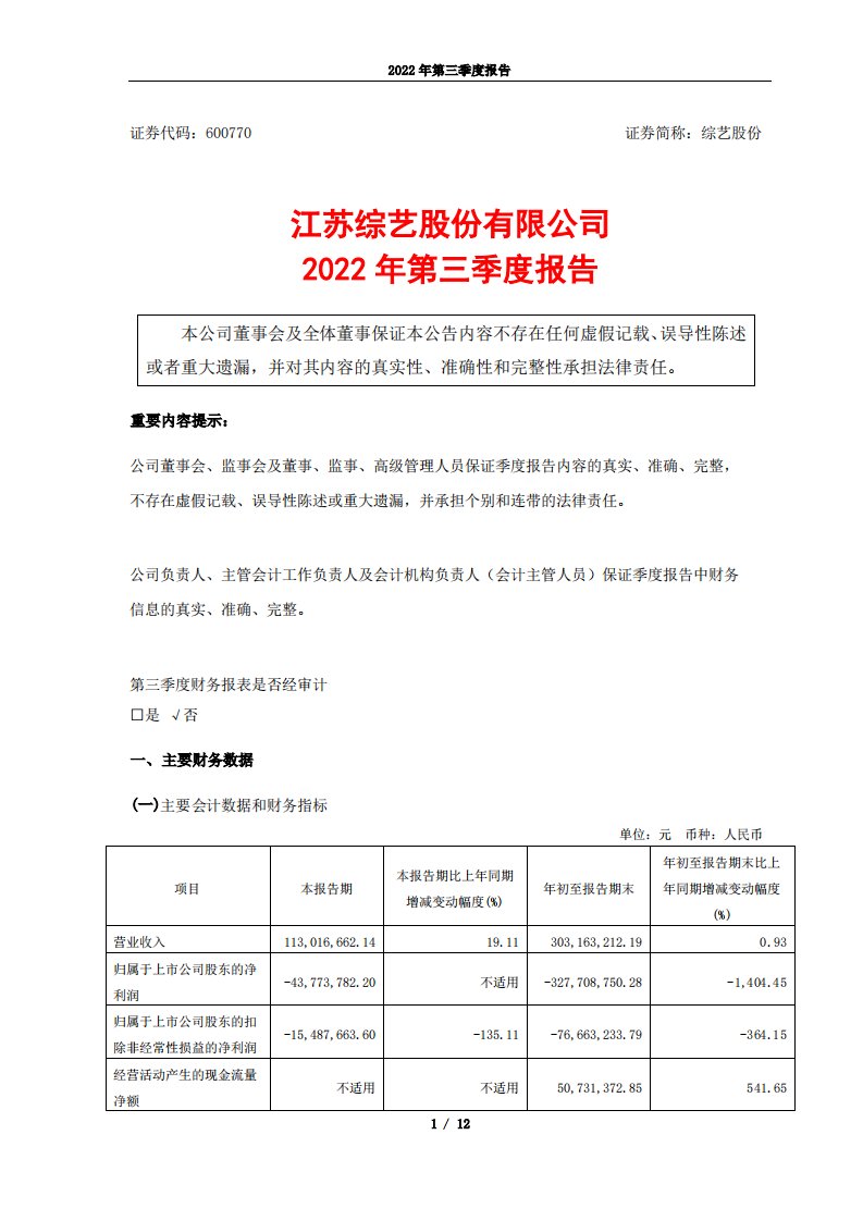 上交所-综艺股份2022年第三季度报告-20221028