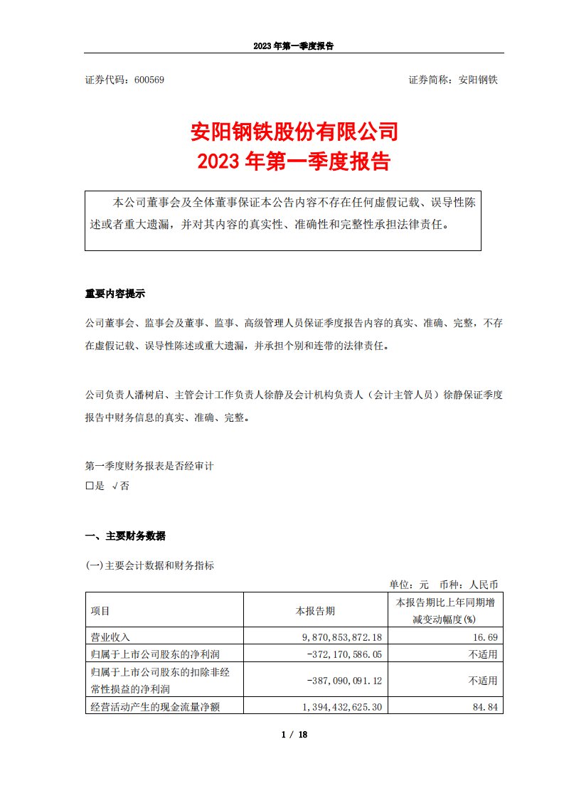 上交所-安阳钢铁股份有限公司2023年第一季度报告-20230427