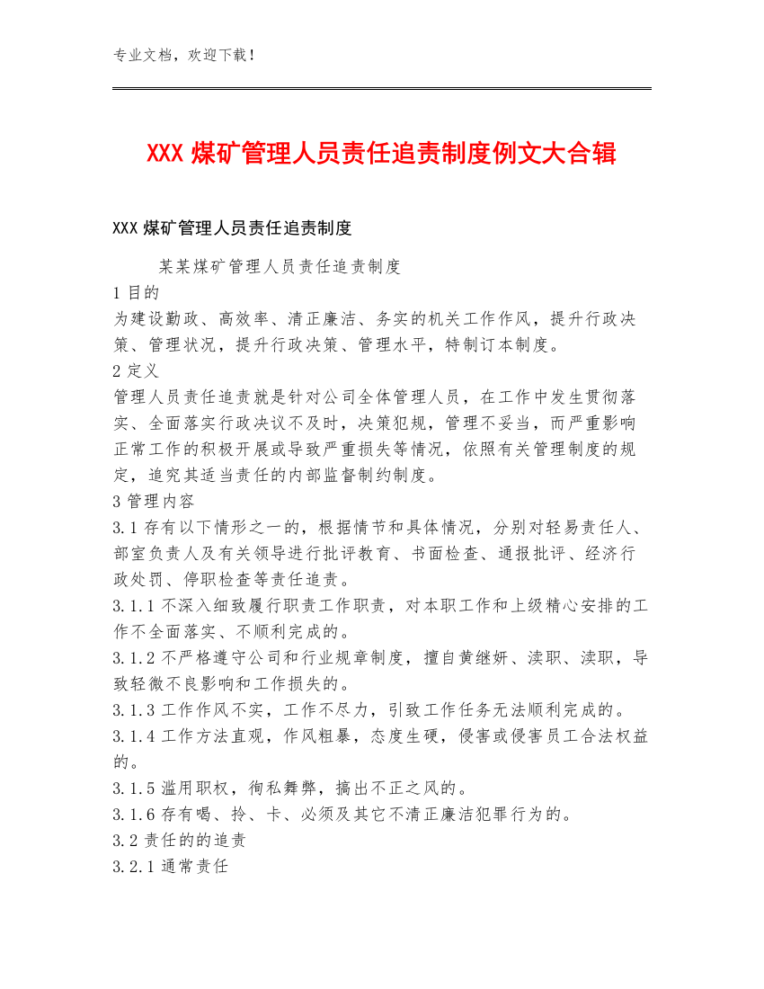 XXX煤矿管理人员责任追责制度例文大合辑