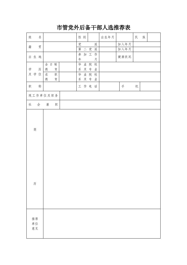 市管党外后备干部人选推荐表