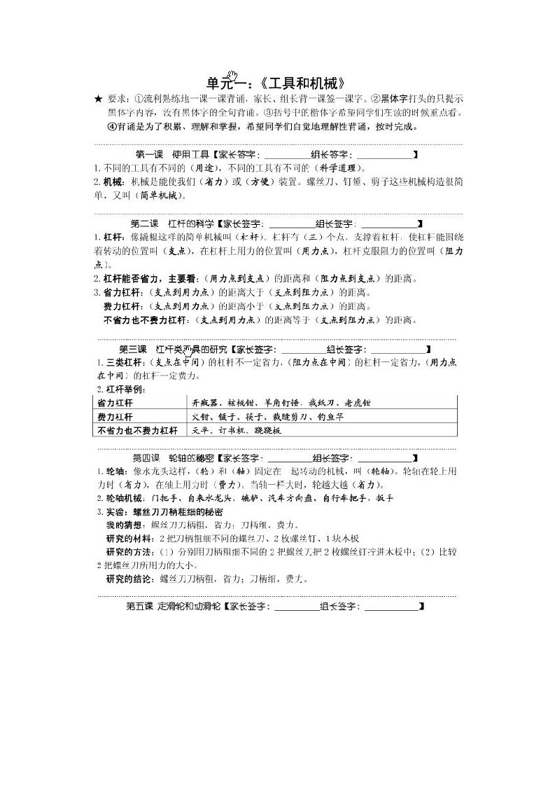 教科版六年级上册科学知识点背诵整理