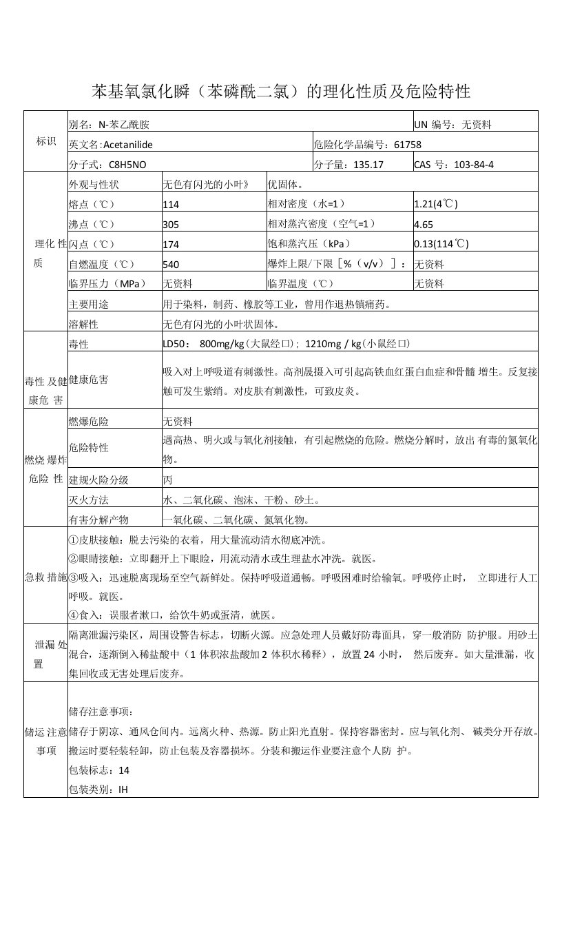 乙酰苯胺（N-苯乙酰胺）的理化性质及危险特性表