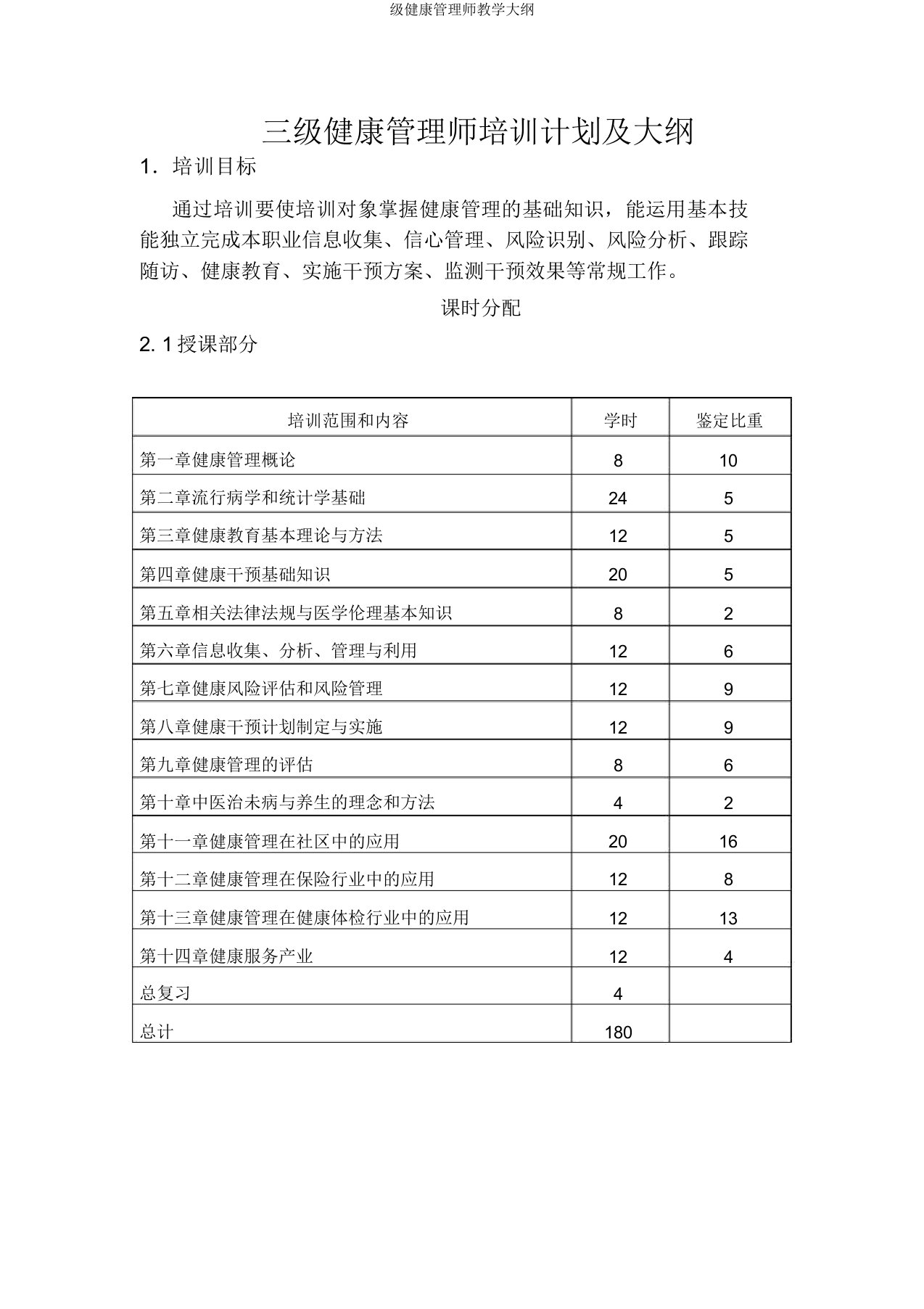 级健康管理师教学大纲