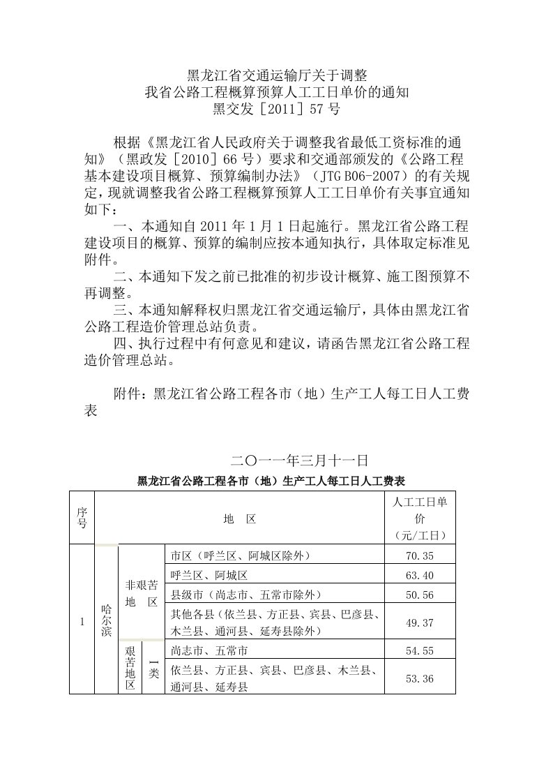 (黑交发[2011]57号)黑龙江省交通运输厅关-于调整我省公路工程概算预算人工工日单价的通知