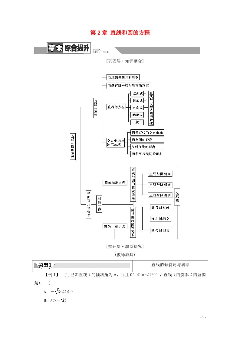 2020_2021学年新教材高中数学第2章直线和圆的方程章末综合提升教案新人教A版选择性必修第一册