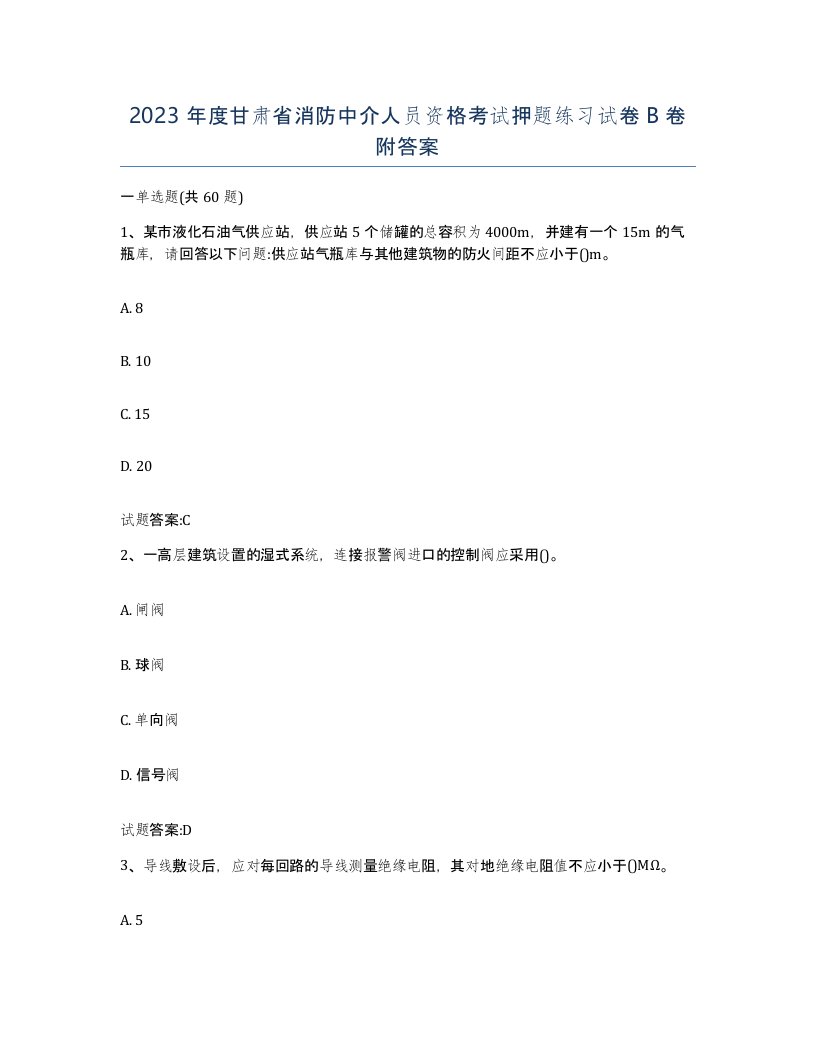 2023年度甘肃省消防中介人员资格考试押题练习试卷B卷附答案