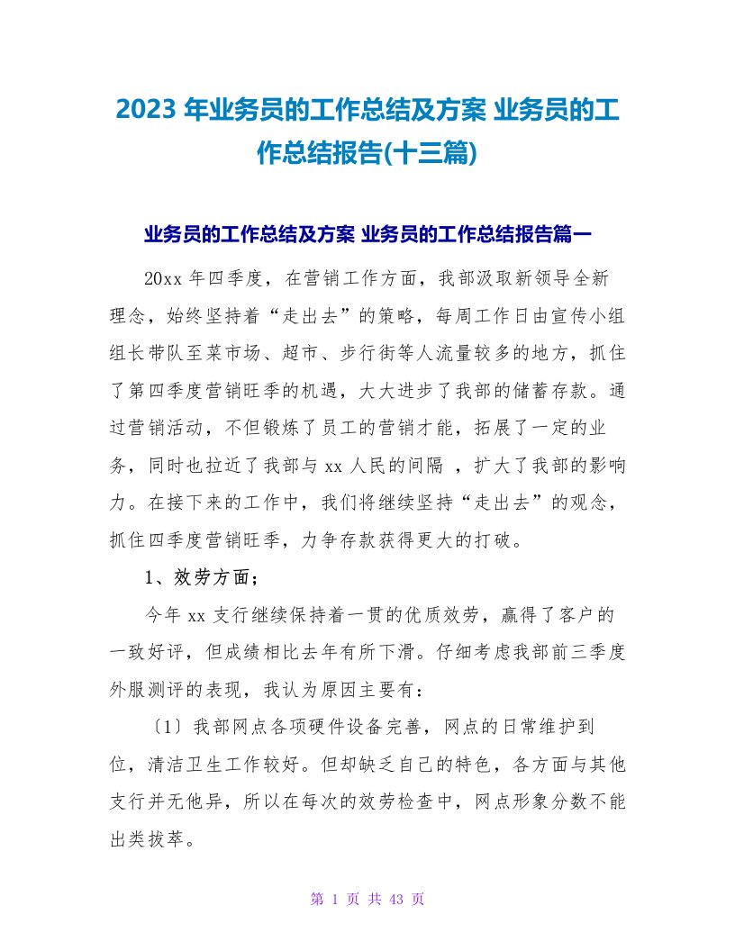 2023年业务员的工作总结及计划业务员的工作总结报告(十三篇)