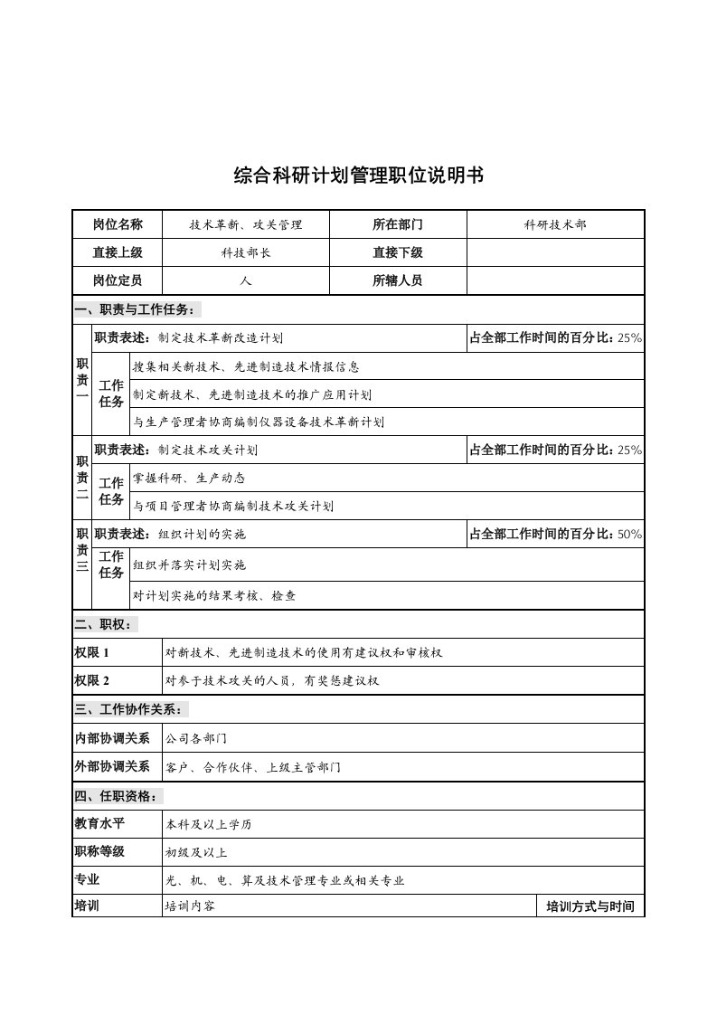 华北光学仪器公司科研技术部综合科研计划管理职位说明书