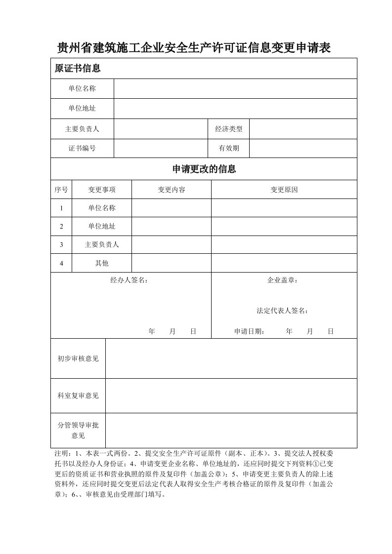 贵州省建筑施工企业安全生产许可证信息变更申请表