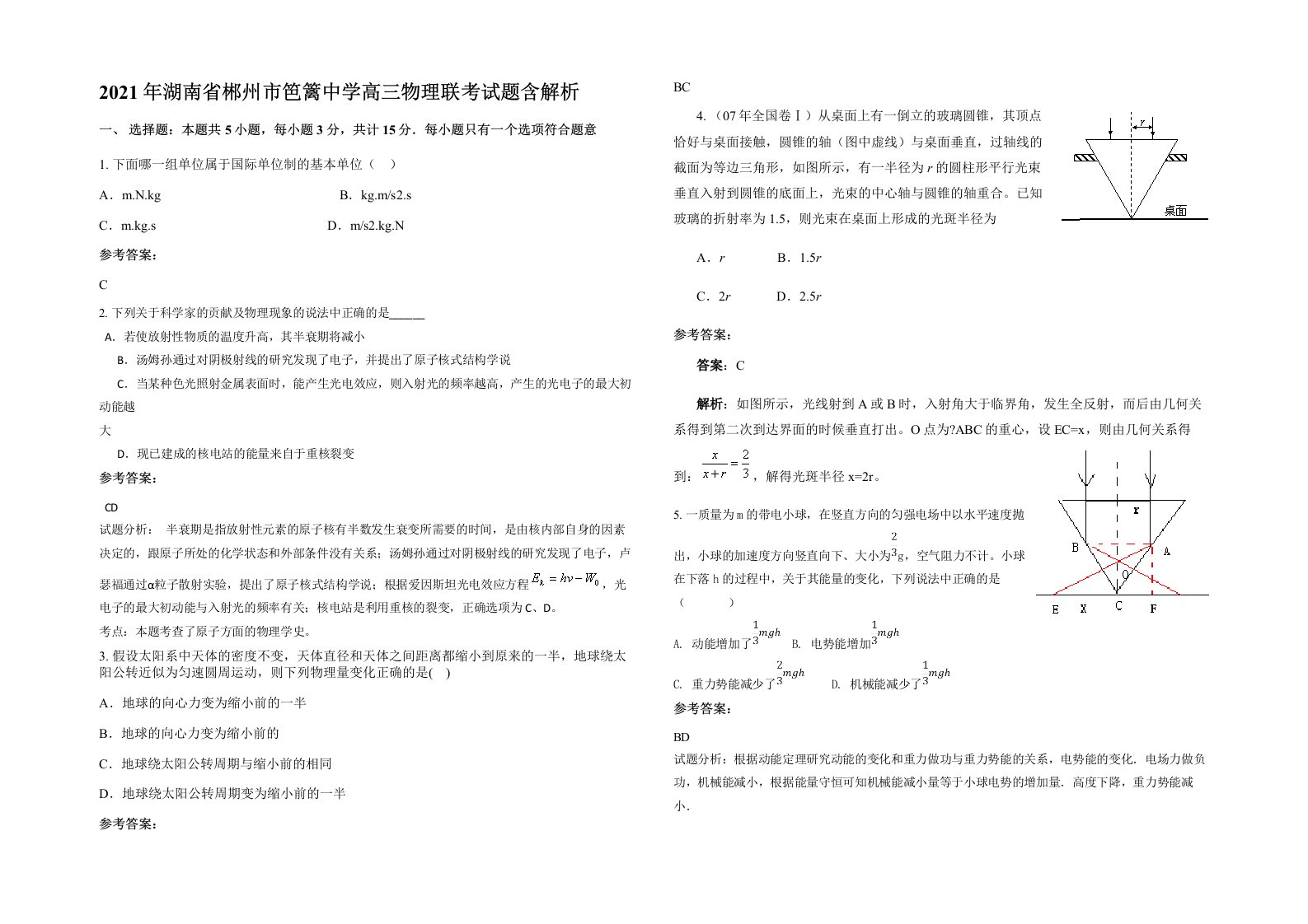 2021年湖南省郴州市笆篱中学高三物理联考试题含解析