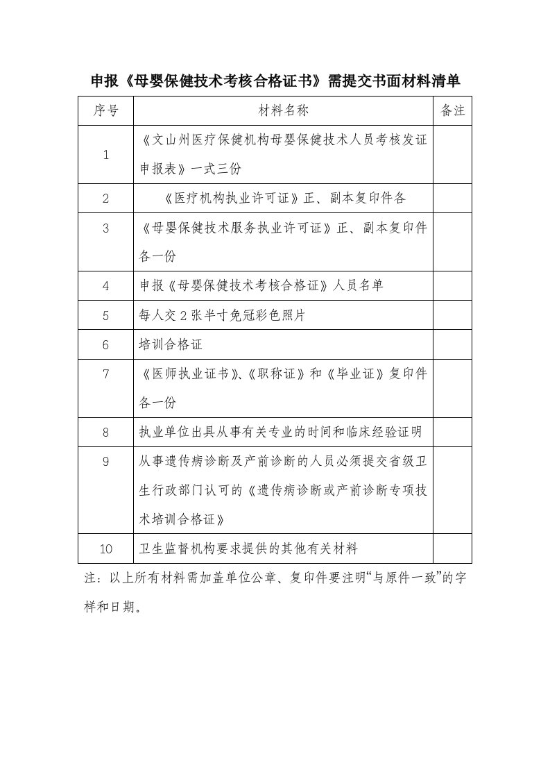 申报母婴保健技术考核合格证书