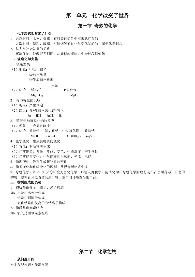 初三化学全册知识点(鲁教版)