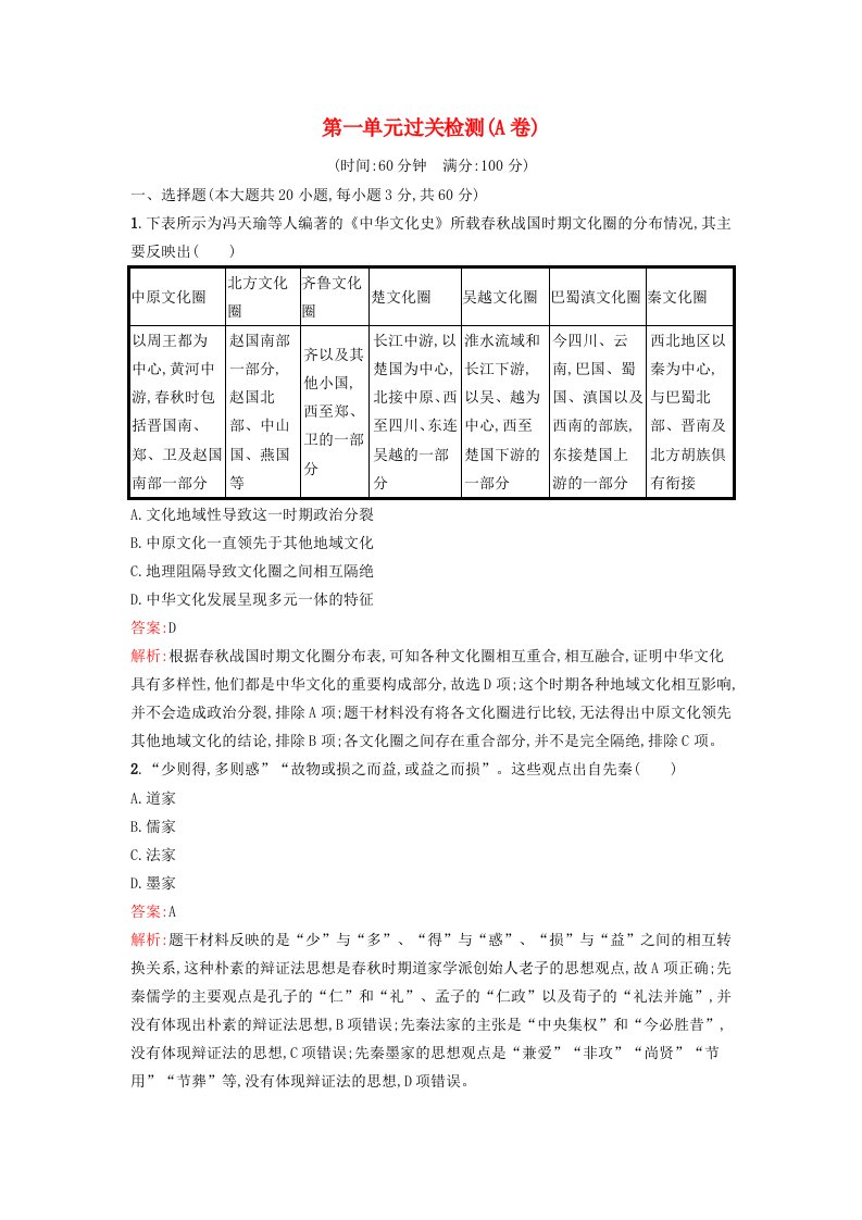 新教材2023年秋高中历史第一单元源远流长的中华文化过关检测A卷部编版选择性必修3