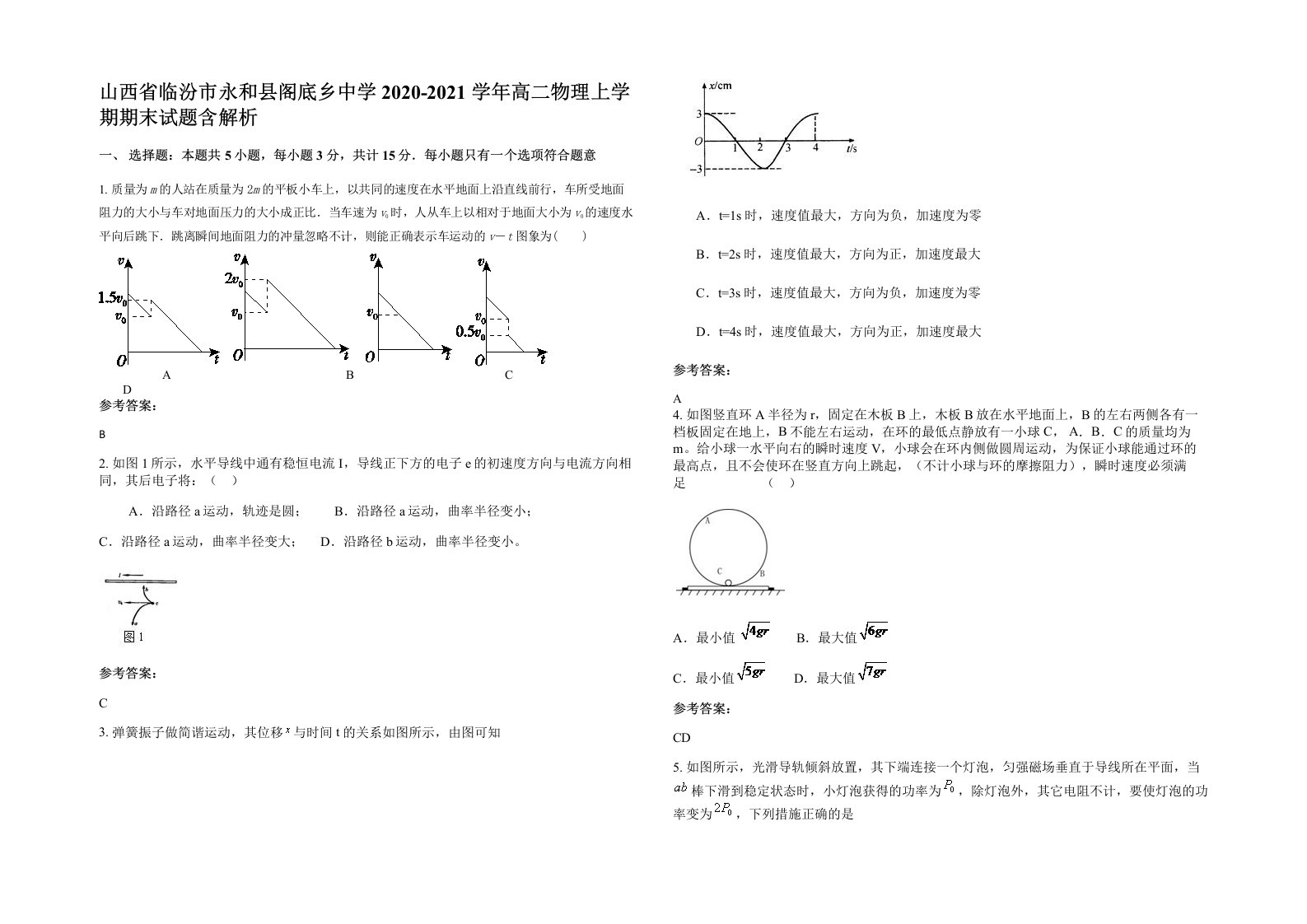 山西省临汾市永和县阁底乡中学2020-2021学年高二物理上学期期末试题含解析