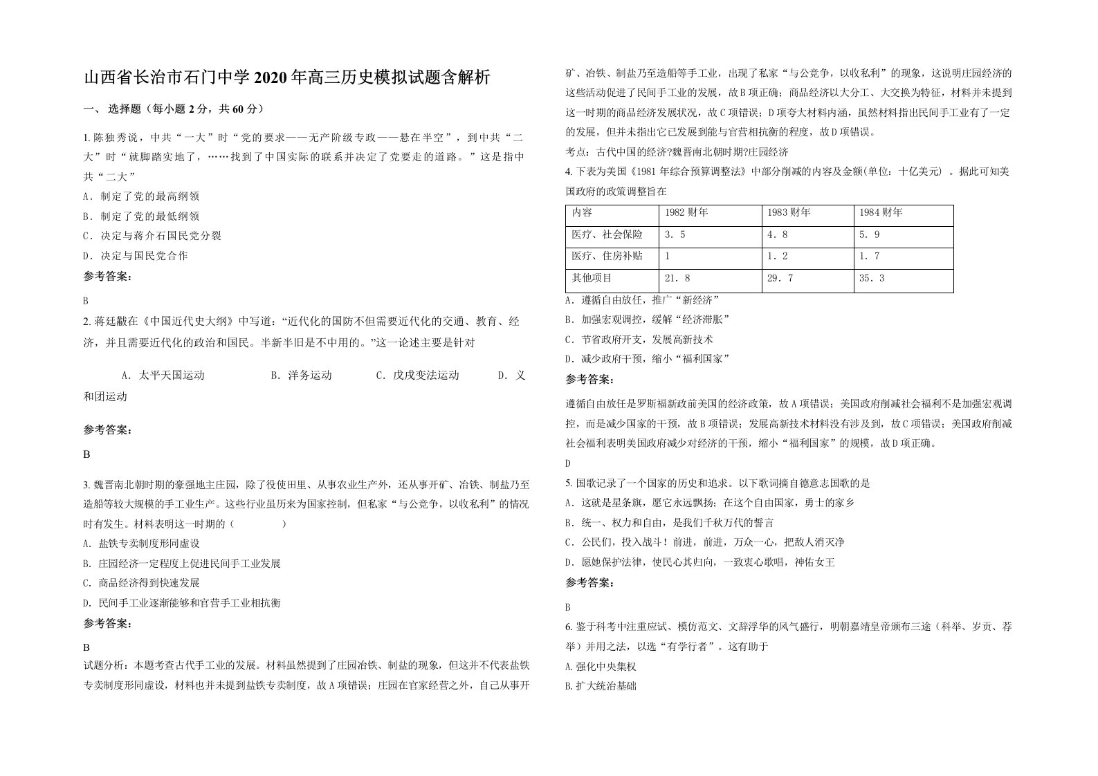 山西省长治市石门中学2020年高三历史模拟试题含解析