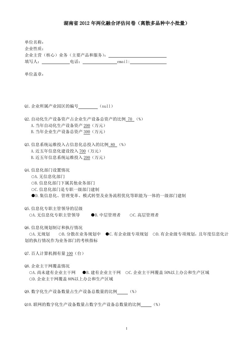 湖南省2012年两化融合评估问卷