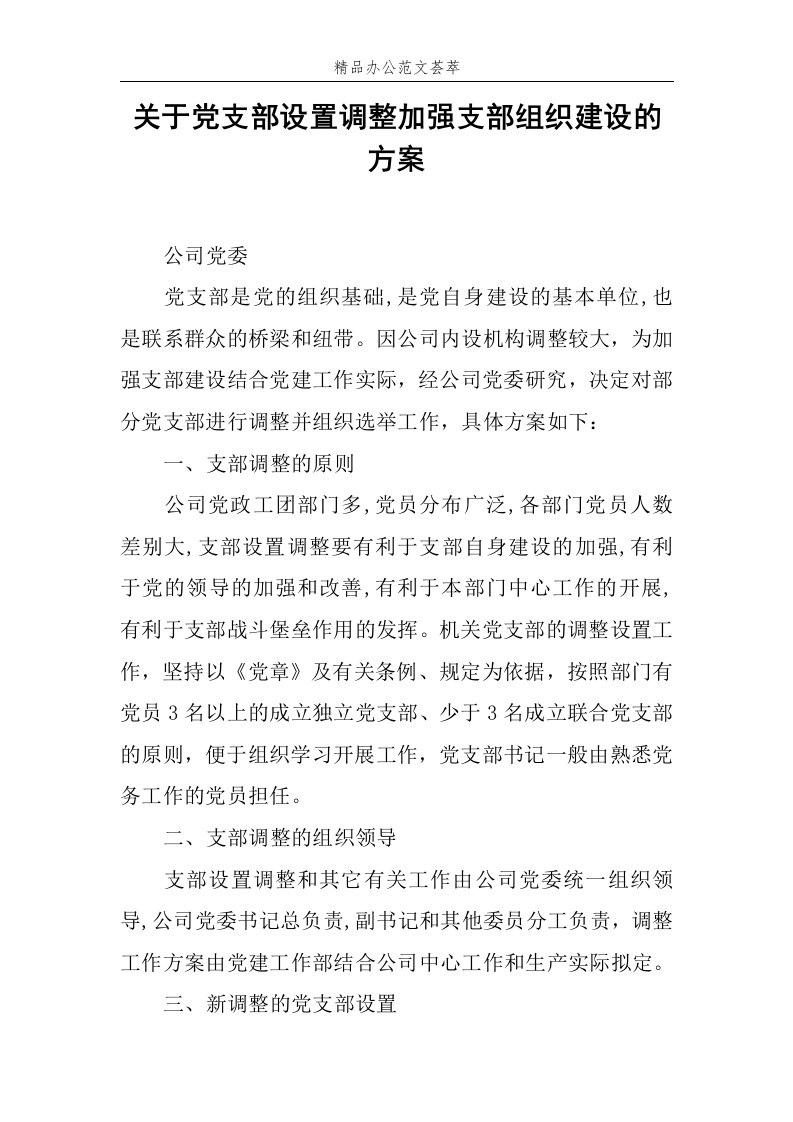 关于党支部设置调整加强支部组织建设的方案范文