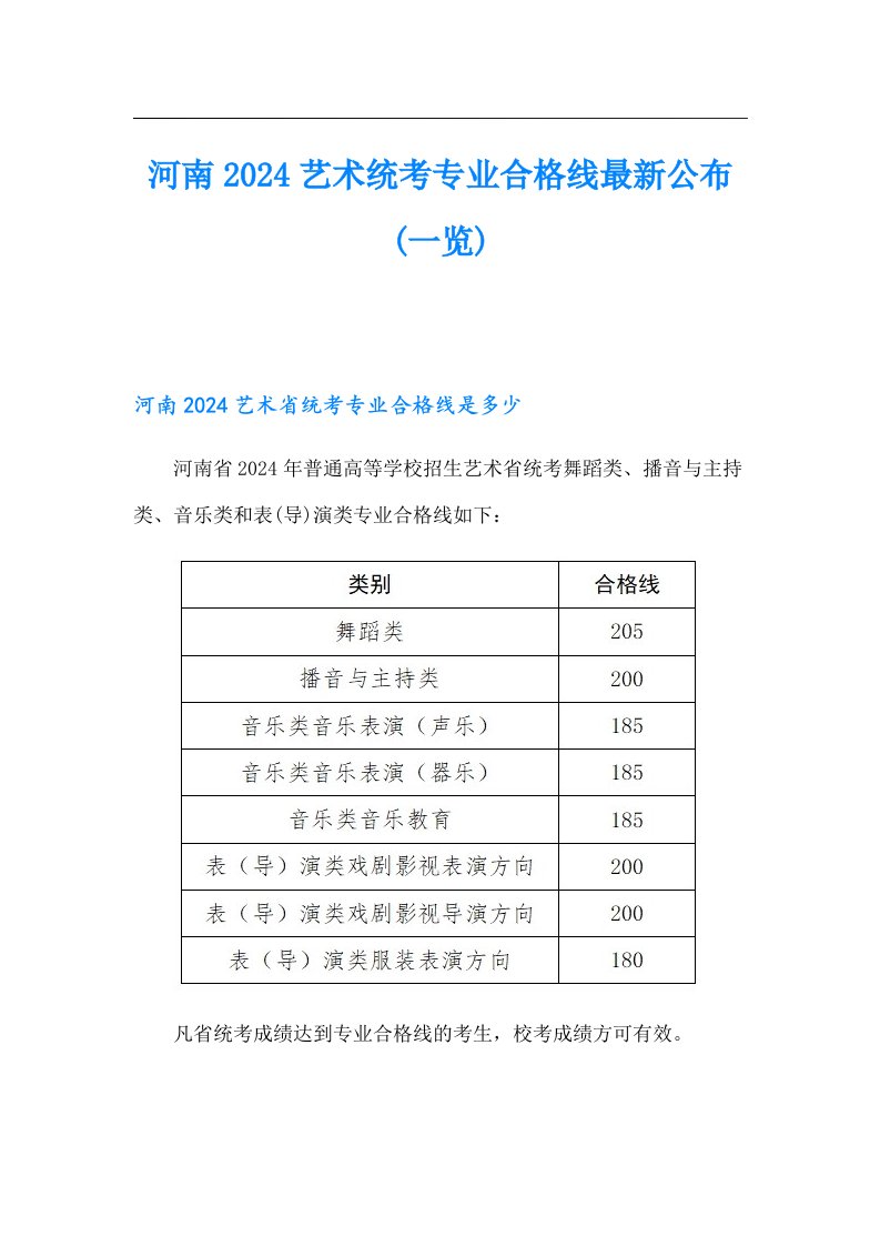 河南2024艺术统考专业合格线最新公布(一览)