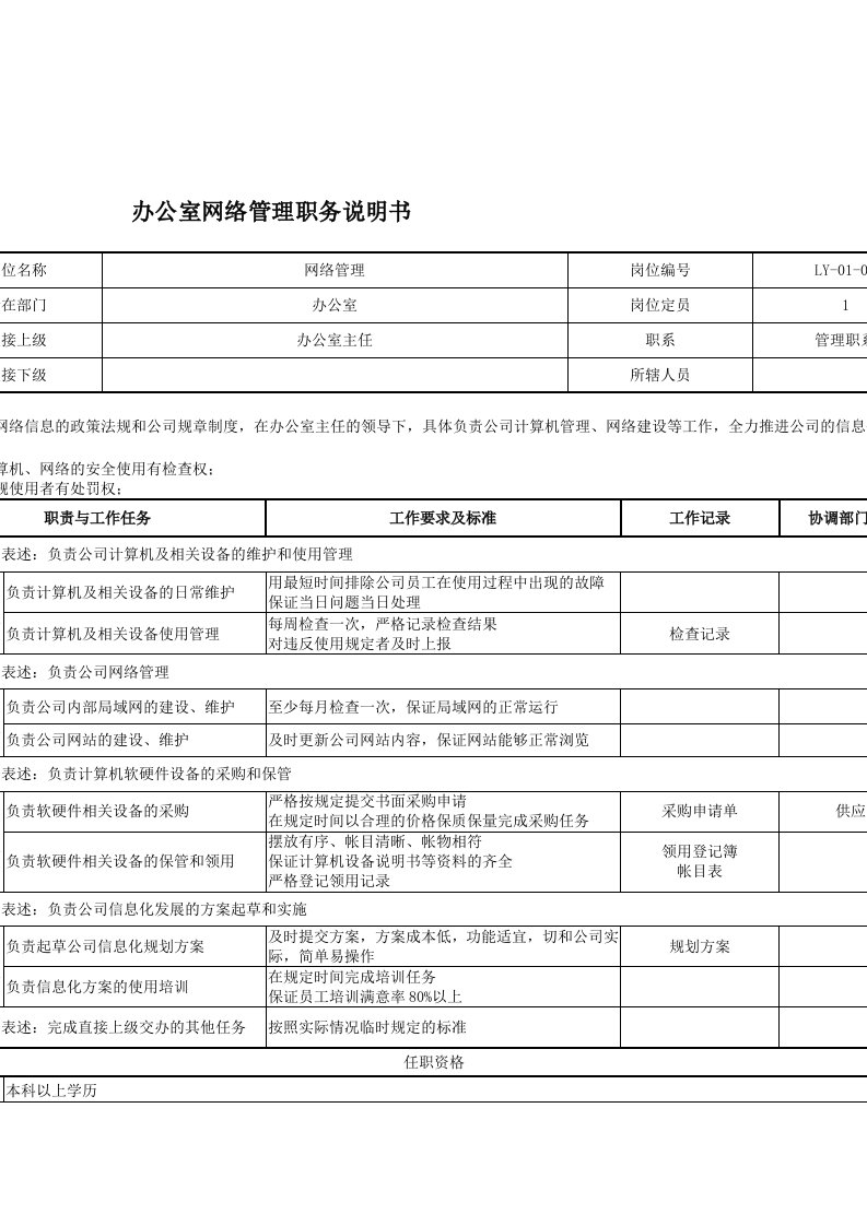 办公室网络管理的岗说明书