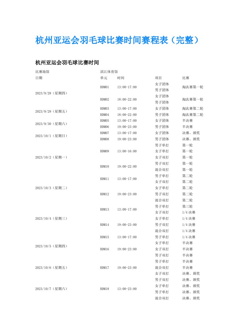 杭州亚运会羽毛球比赛时间赛程表（完整）