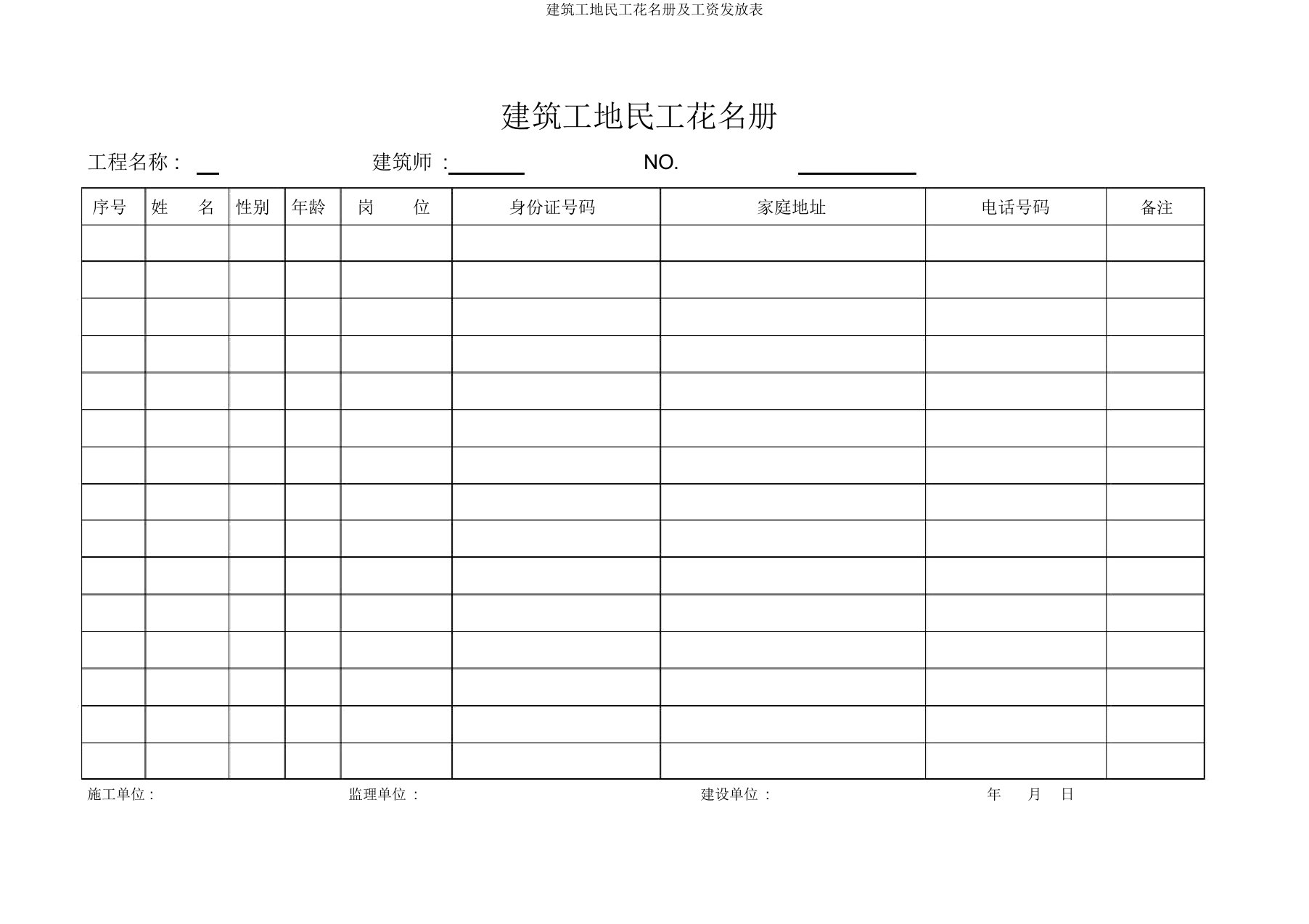 建筑工地民工花名册及工资发放表