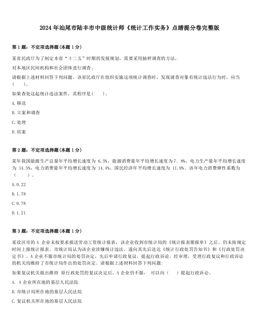 2024年汕尾市陆丰市中级统计师《统计工作实务》点睛提分卷完整版