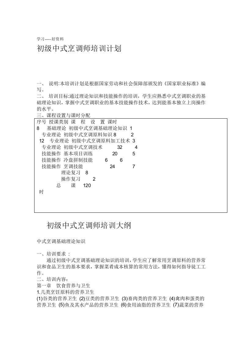 中式烹调师培训计划教学内容