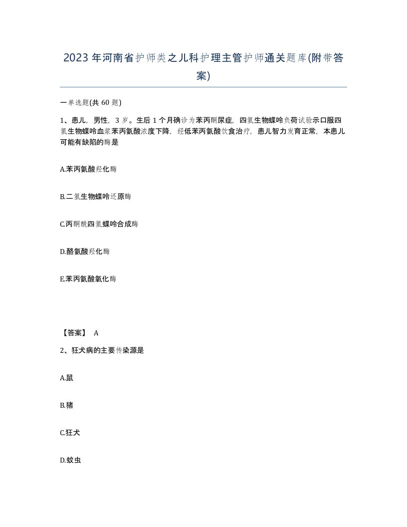 2023年河南省护师类之儿科护理主管护师通关题库附带答案