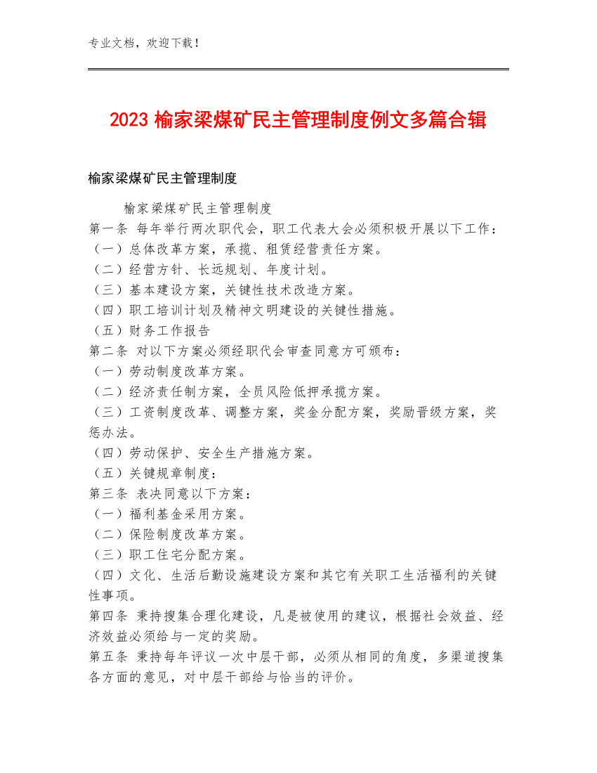 2023榆家梁煤矿民主管理制度例文多篇合辑