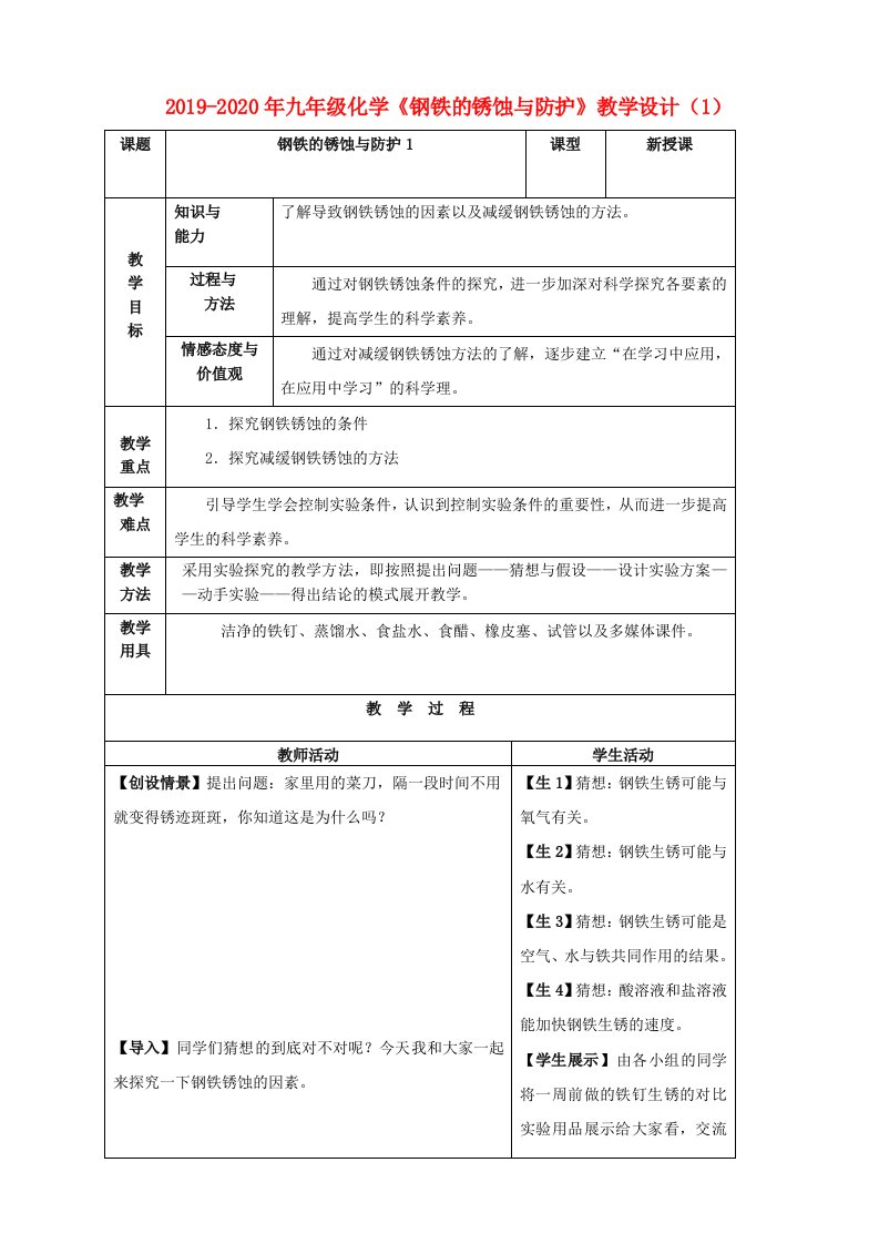 2019-2020年九年级化学《钢铁的锈蚀与防护》教学设计（1）