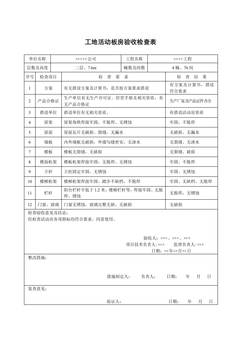 工地活动板房验收检查表