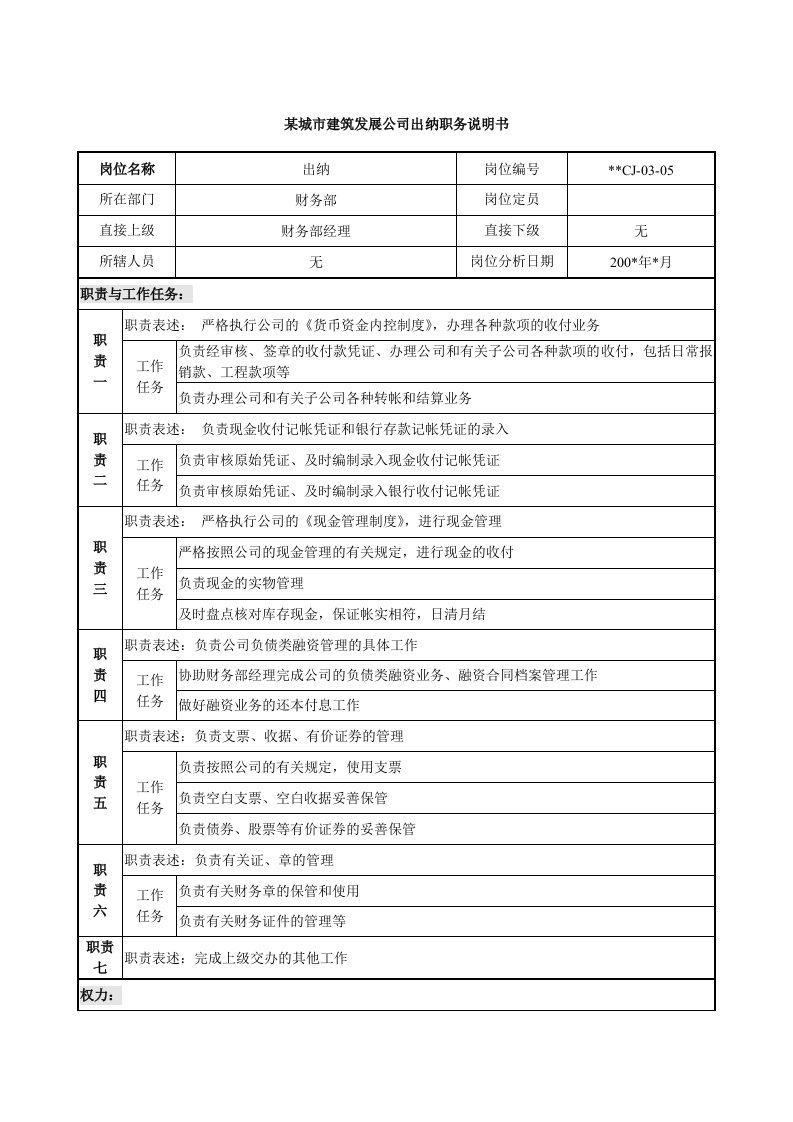 某城市建筑发展公司出纳职务说明书