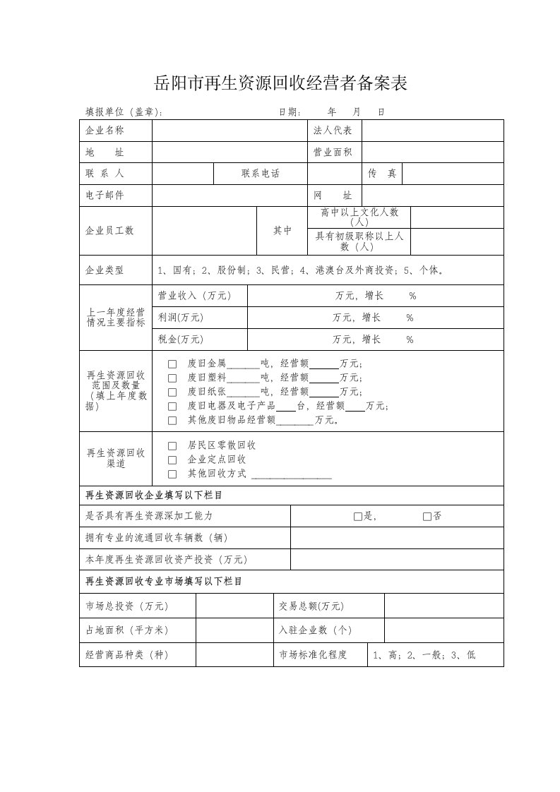 岳阳再生资源回收经营者备案表