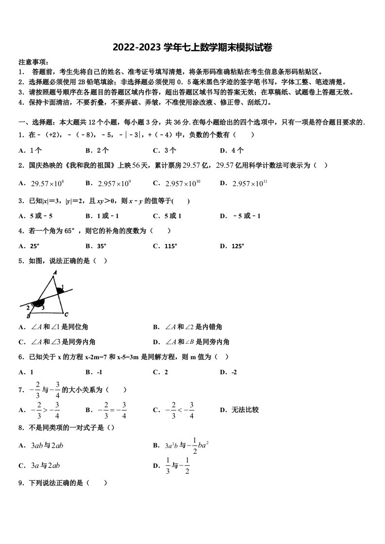 浙江省宁波市北仑区2022-2023学年数学七年级第一学期期末检测模拟试题含解析