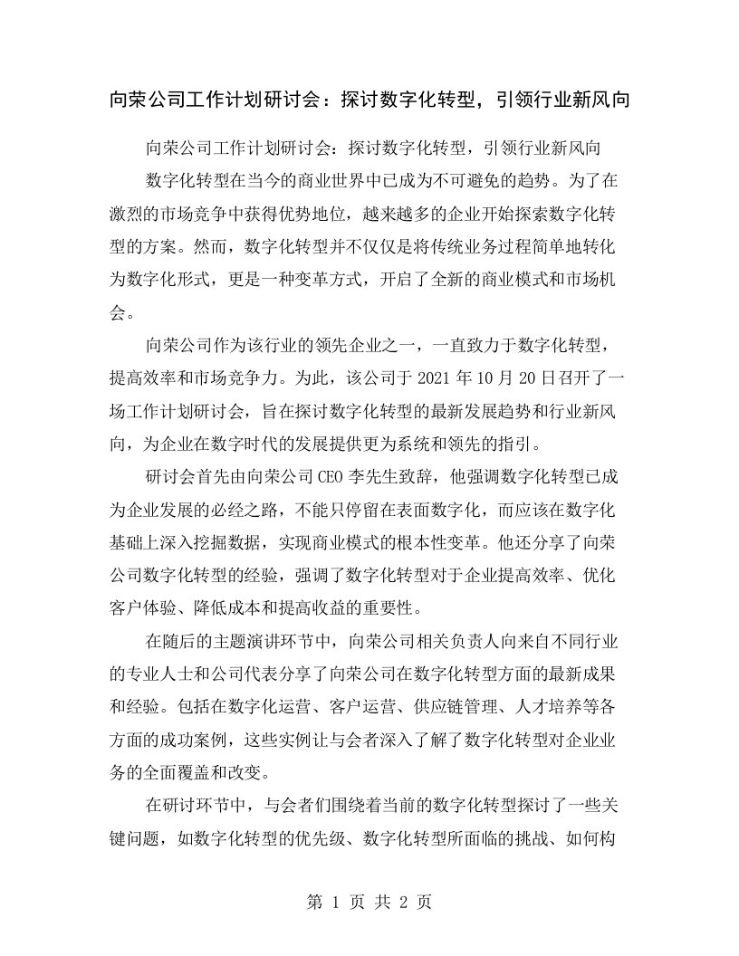 向荣公司工作计划研讨会：探讨数字化转型，引领行业新风向