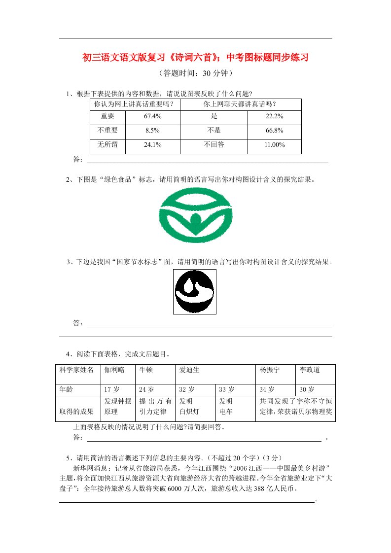 九年级语文复习诗词六首中考图标题同步练习语文版