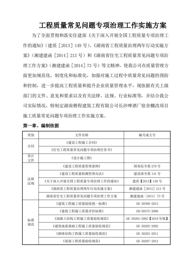 工程质量常见问题专项治理工作实施方案(房建部分)