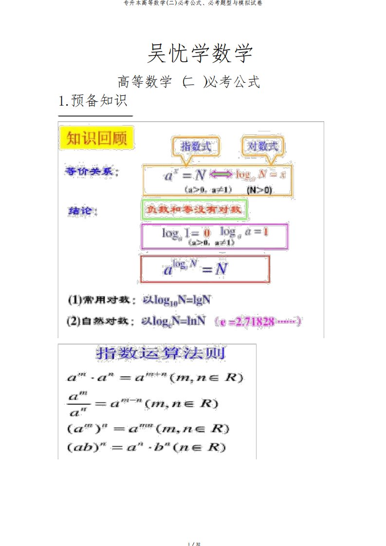 专升本高等数学(二)必考公式、必考题型与模拟试卷