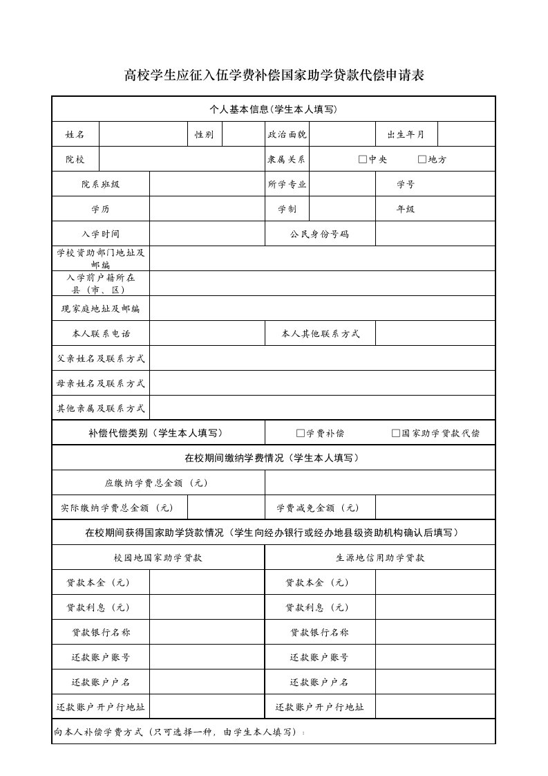 高校学生应征入伍学费补偿国家助学贷款代偿申请表