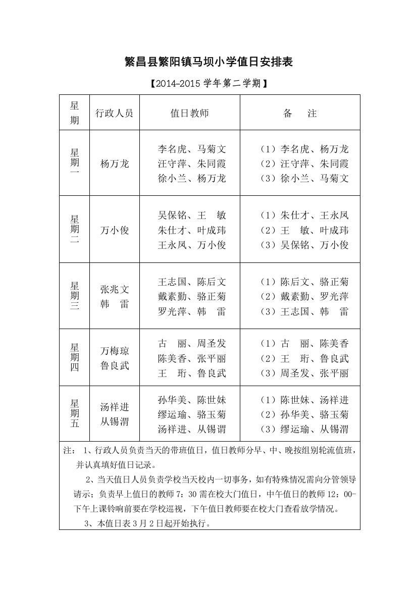 繁阳镇马坝小学值日安排表