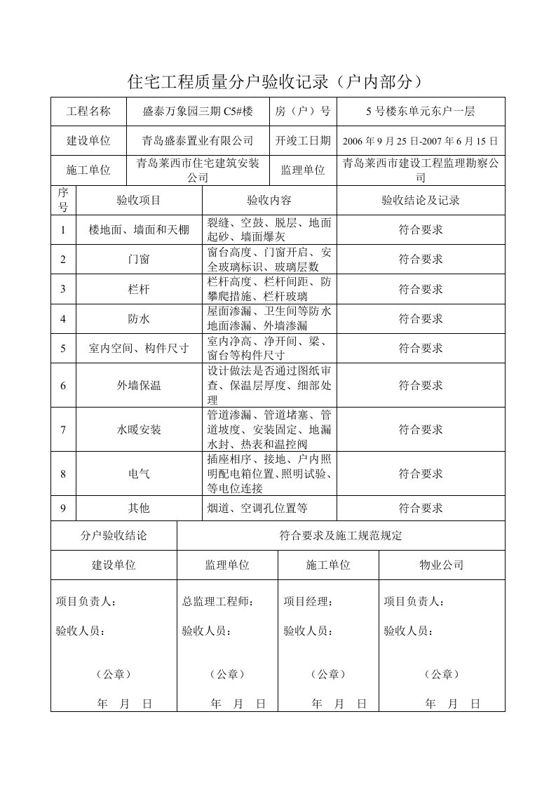 住宅工程质量分户验收记录