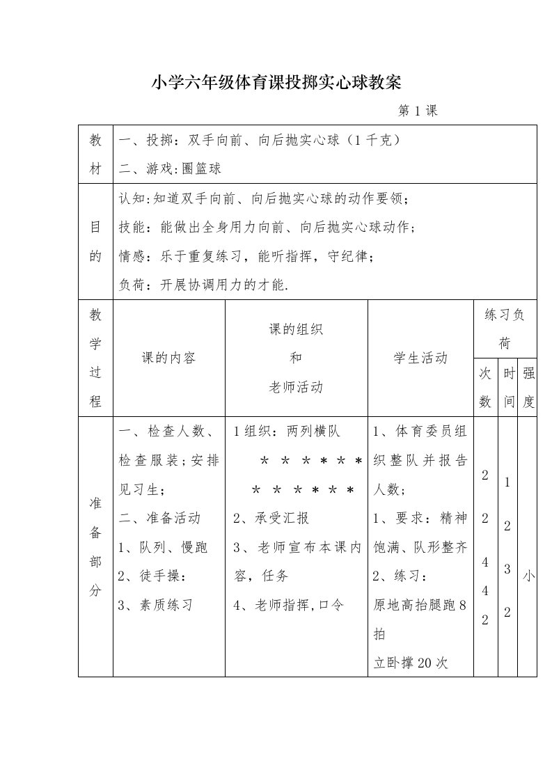 小学六年级体育课投掷实心球教案