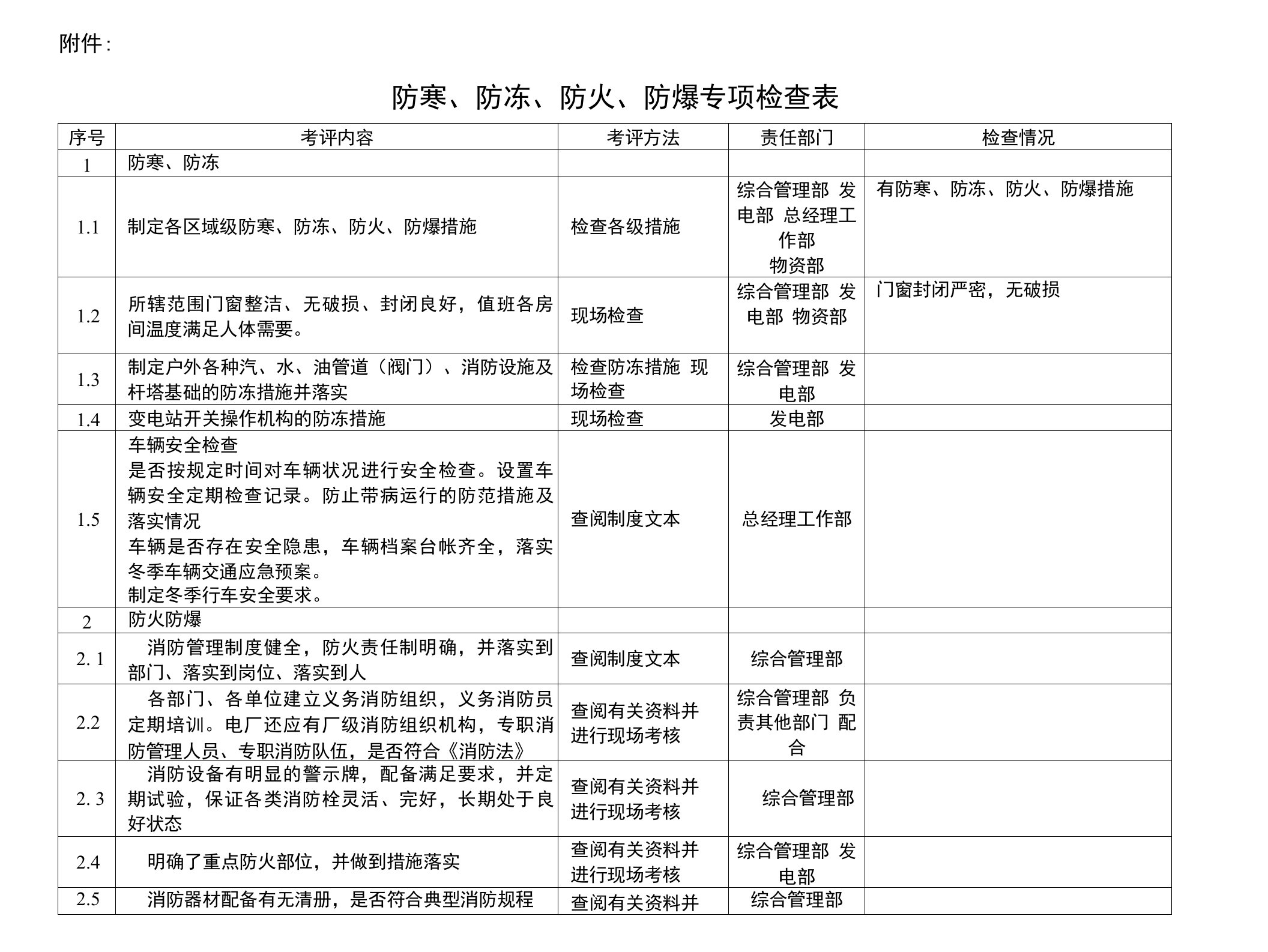 防火防爆防寒防冻专项检查表