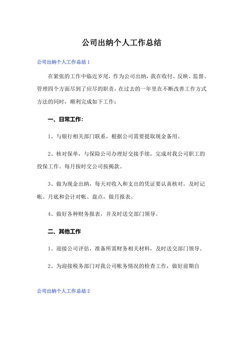 公司出纳个人工作总结