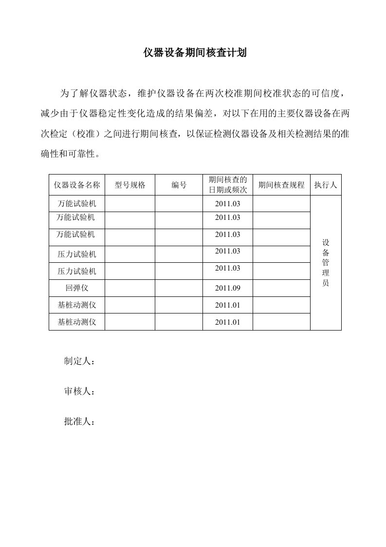 仪器设备期间核查计划