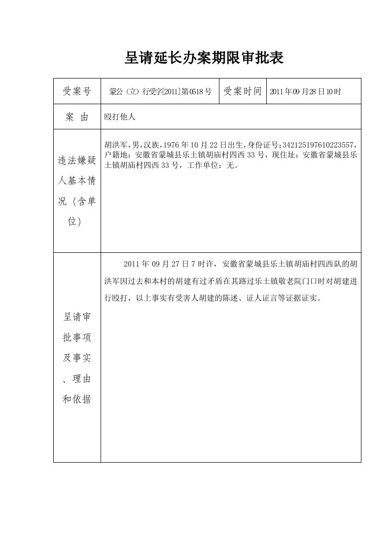 呈请延长办案期限审批表